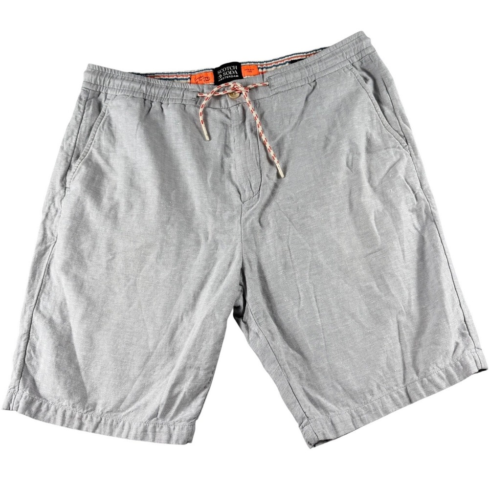 Scotch & Soda Mens Grey Herringbone Linen Blend Drawstring Shorts Size 36